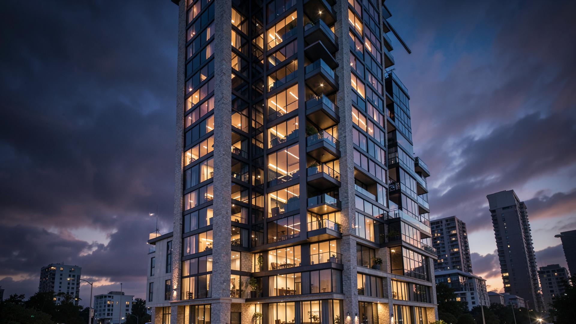 Luxury residential tower exterior at dusk